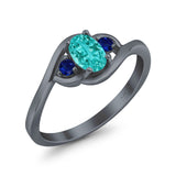Three Stone Engagement Ring Oval Cut Round Simulated Blue Sapphire Cubic Zirconia 925 Sterling Silver