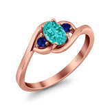Three Stone Engagement Ring Oval Cut Round Simulated Blue Sapphire Cubic Zirconia 925 Sterling Silver