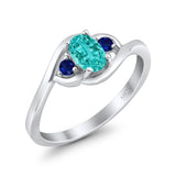 Three Stone Engagement Ring Oval Cut Round Simulated Blue Sapphire Cubic Zirconia 925 Sterling Silver