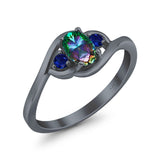 Three Stone Engagement Ring Oval Cut Round Simulated Blue Sapphire Cubic Zirconia 925 Sterling Silver