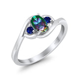 Three Stone Engagement Ring Oval Cut Round Simulated Blue Sapphire Cubic Zirconia 925 Sterling Silver