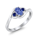 Three Stone Engagement Ring Oval Cut Round Simulated Blue Sapphire Cubic Zirconia 925 Sterling Silver