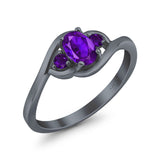 Three Stone Engagement Ring Oval Cut Round Simulated Amethyst Cubic Zirconia 925 Sterling Silver