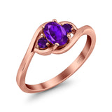 Three Stone Engagement Ring Oval Cut Round Simulated Amethyst Cubic Zirconia 925 Sterling Silver