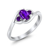 Three Stone Engagement Ring Oval Cut Round Simulated Amethyst Cubic Zirconia 925 Sterling Silver