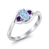 Three Stone Engagement Ring Oval Cut Round Simulated Amethyst Cubic Zirconia 925 Sterling Silver