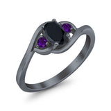 Three Stone Engagement Ring Oval Cut Round Simulated Amethyst Cubic Zirconia 925 Sterling Silver