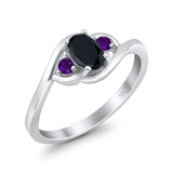Three Stone Engagement Ring Oval Cut Round Simulated Amethyst Cubic Zirconia 925 Sterling Silver