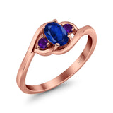 Three Stone Engagement Ring Oval Cut Round Simulated Amethyst Cubic Zirconia 925 Sterling Silver