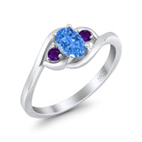 Three Stone Engagement Ring Oval Cut Round Simulated Amethyst Cubic Zirconia 925 Sterling Silver