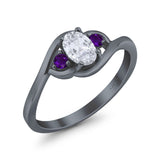 Three Stone Engagement Ring Oval Cut Round Simulated Amethyst Cubic Zirconia 925 Sterling Silver