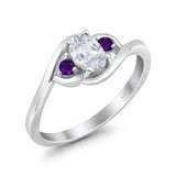 Three Stone Engagement Ring Oval Cut Round Simulated Amethyst Cubic Zirconia 925 Sterling Silver