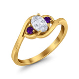Three Stone Engagement Ring Oval Cut Round Simulated Amethyst Cubic Zirconia 925 Sterling Silver