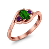 Three Stone Engagement Ring Oval Cut Round Simulated Amethyst Cubic Zirconia 925 Sterling Silver