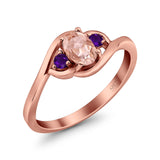 Three Stone Engagement Ring Oval Cut Round Simulated Amethyst Cubic Zirconia 925 Sterling Silver