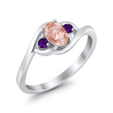 Three Stone Engagement Ring Oval Cut Round Simulated Amethyst Cubic Zirconia 925 Sterling Silver