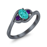 Three Stone Engagement Ring Oval Cut Round Simulated Amethyst Cubic Zirconia 925 Sterling Silver