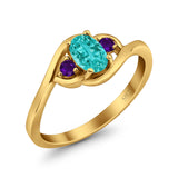Three Stone Engagement Ring Oval Cut Round Simulated Amethyst Cubic Zirconia 925 Sterling Silver