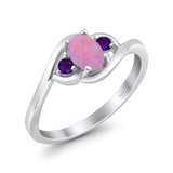 Three Stone Engagement Ring Oval Cut Round Simulated Amethyst Cubic Zirconia 925 Sterling Silver