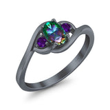 Three Stone Engagement Ring Oval Cut Round Simulated Amethyst Cubic Zirconia 925 Sterling Silver
