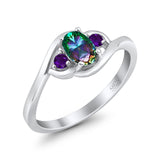 Three Stone Engagement Ring Oval Cut Round Simulated Amethyst Cubic Zirconia 925 Sterling Silver