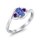 Three Stone Engagement Ring Oval Cut Round Simulated Amethyst Cubic Zirconia 925 Sterling Silver