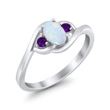 Three Stone Engagement Ring Oval Cut Round Simulated Amethyst Cubic Zirconia 925 Sterling Silver
