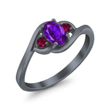 Three Stone Engagement Ring Oval Cut Round Simulated Ruby Cubic Zirconia 925 Sterling Silver