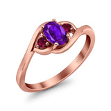 Three Stone Engagement Ring Oval Cut Round Simulated Ruby Cubic Zirconia 925 Sterling Silver