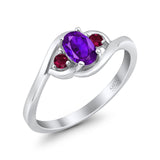 Three Stone Engagement Ring Oval Cut Round Simulated Ruby Cubic Zirconia 925 Sterling Silver