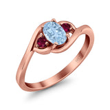 Three Stone Engagement Ring Oval Cut Round Simulated Ruby Cubic Zirconia 925 Sterling Silver