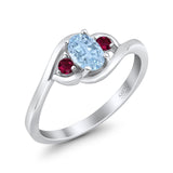 Three Stone Engagement Ring Oval Cut Round Simulated Ruby Cubic Zirconia 925 Sterling Silver
