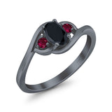 Three Stone Engagement Ring Oval Cut Round Simulated Ruby Cubic Zirconia 925 Sterling Silver