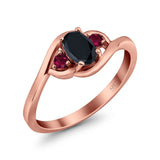 Three Stone Engagement Ring Oval Cut Round Simulated Ruby Cubic Zirconia 925 Sterling Silver