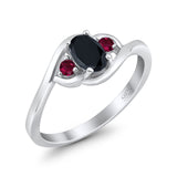 Three Stone Engagement Ring Oval Cut Round Simulated Ruby Cubic Zirconia 925 Sterling Silver
