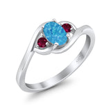 Three Stone Engagement Ring Oval Cut Round Simulated Ruby Cubic Zirconia 925 Sterling Silver