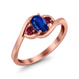 Three Stone Engagement Ring Oval Cut Round Simulated Ruby Cubic Zirconia 925 Sterling Silver
