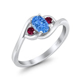 Three Stone Engagement Ring Oval Cut Round Simulated Ruby Cubic Zirconia 925 Sterling Silver