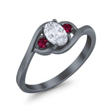 Three Stone Engagement Ring Oval Cut Round Simulated Ruby Cubic Zirconia 925 Sterling Silver