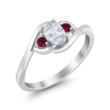 Three Stone Engagement Ring Oval Cut Round Simulated Ruby Cubic Zirconia 925 Sterling Silver