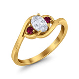 Three Stone Engagement Ring Oval Cut Round Simulated Ruby Cubic Zirconia 925 Sterling Silver