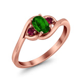 Three Stone Engagement Ring Oval Cut Round Simulated Ruby Cubic Zirconia 925 Sterling Silver