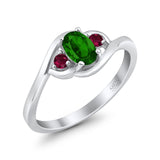 Three Stone Engagement Ring Oval Cut Round Simulated Ruby Cubic Zirconia 925 Sterling Silver