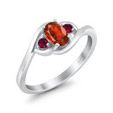 Three Stone Engagement Ring Oval Cut Round Simulated Ruby Cubic Zirconia 925 Sterling Silver