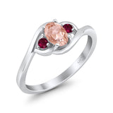 Three Stone Engagement Ring Oval Cut Round Simulated Ruby Cubic Zirconia 925 Sterling Silver