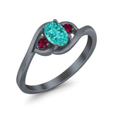 Three Stone Engagement Ring Oval Cut Round Simulated Ruby Cubic Zirconia 925 Sterling Silver