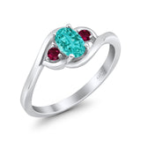 Three Stone Engagement Ring Oval Cut Round Simulated Ruby Cubic Zirconia 925 Sterling Silver