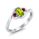 Three Stone Engagement Ring Oval Cut Round Simulated Ruby Cubic Zirconia 925 Sterling Silver