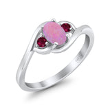 Three Stone Engagement Ring Oval Cut Round Simulated Ruby Cubic Zirconia 925 Sterling Silver