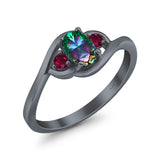 Three Stone Engagement Ring Oval Cut Round Simulated Ruby Cubic Zirconia 925 Sterling Silver